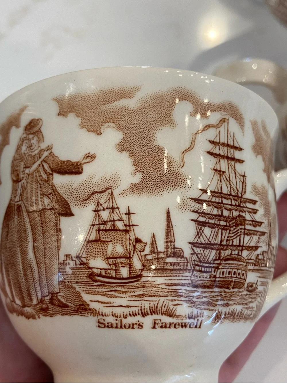 Tea Cup & Saucer Service For (8) New York Harbor Scene, State Seal By Fair Winds